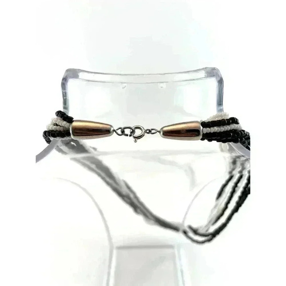 Cluster Layered Black and White Tiny Seed Bead Multi Strand Necklace 17" Long - Picture 8 of 11